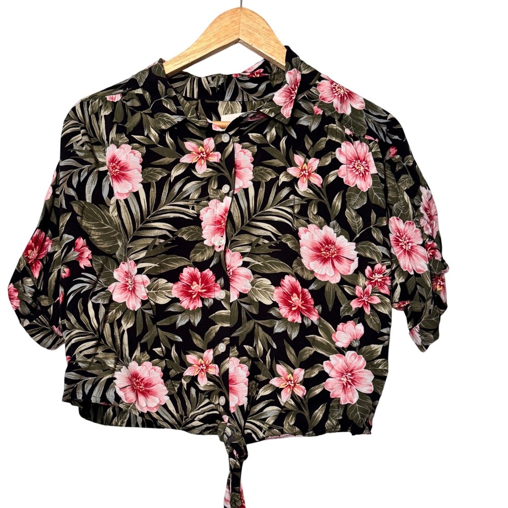 American Eagle Tropical Floral Cropped Tie Front Button Down‎ Shirt Large Black